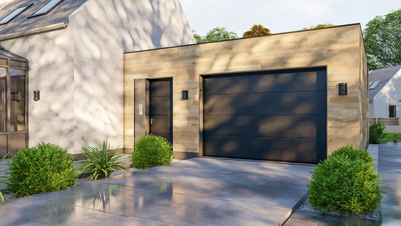 A modern charcoal sectional garage door