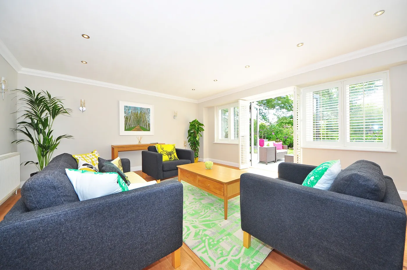 A bright living room with fresh paint and trim